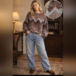Allen Wah 80's Vintage Oversized Chevron Chenille‎ Lambswool Mohair Sweater USA